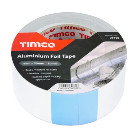 Timco aluminium foil tape 45m x 50mm silver heat resistant roll