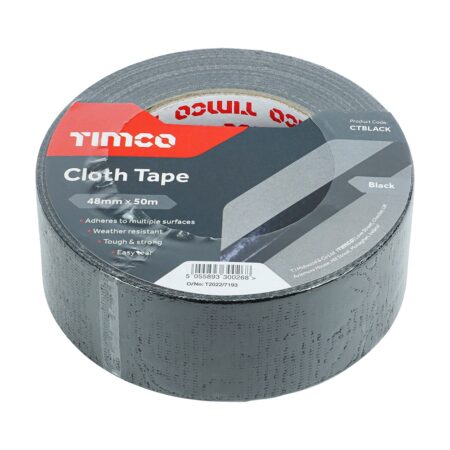 Timco black cloth tape 50m x 48mm roll