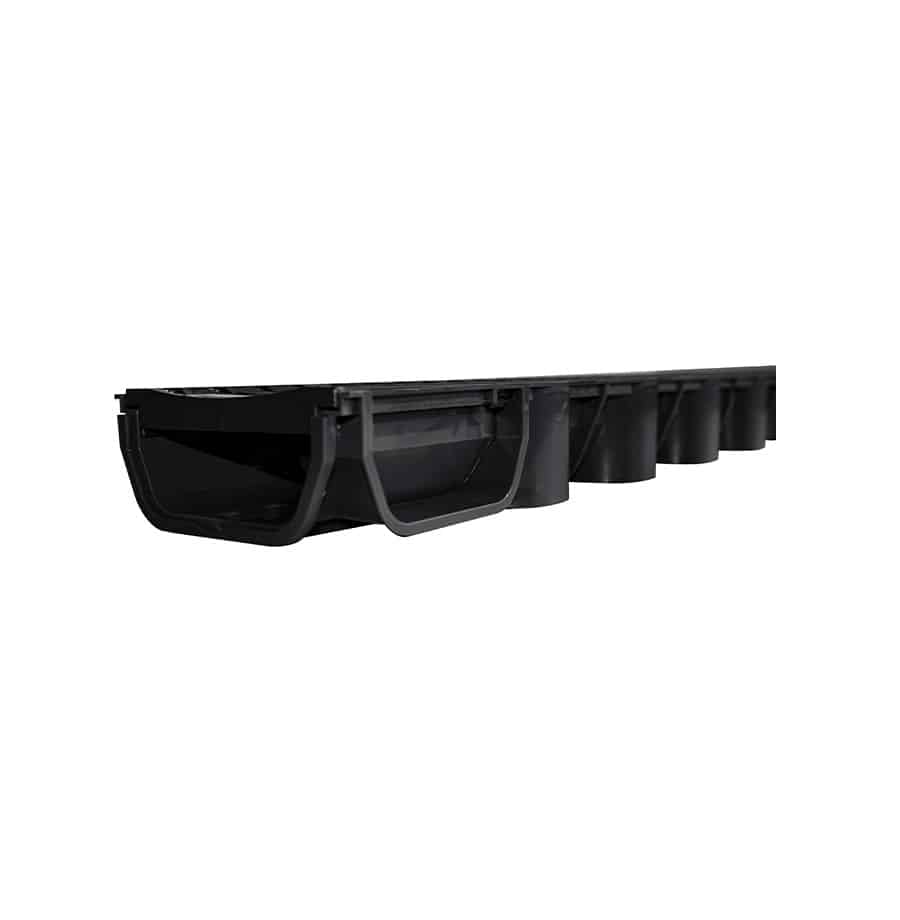 Black plastic cable management raceway with multiple side-by-side channels for organizing wires