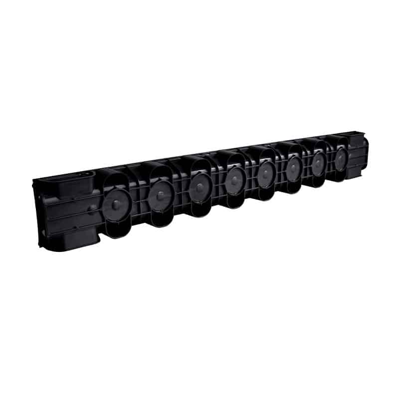 Long black plastic roller assembly with multiple wheels in a row on a frame