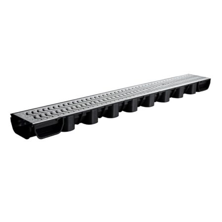 Polydrain Low Flow 1m channel drain with galvanized grate for surface water drainage.