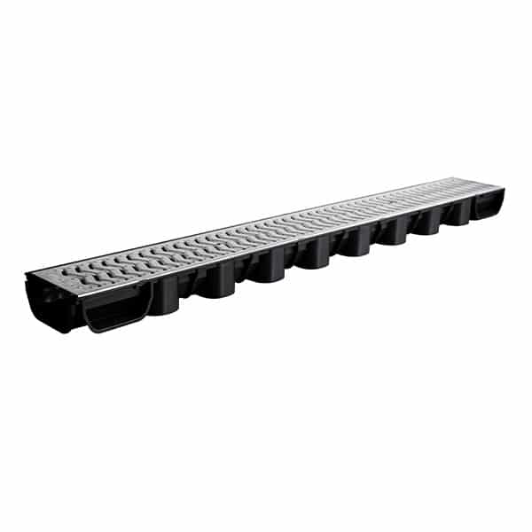 Polydrain Low Flow 1m channel drain with galvanized grate for surface water drainage.